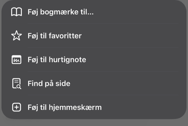 Safaris delemenu. Nederste punkt hedder »Føj til hjemmeskærm« og har et plus i en firkant.