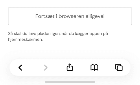 Bunden af Safari på en iPhone. I midten af bundlinjen sidder Del-ikonet, en firkant med en pil op. Det er ringet ind.